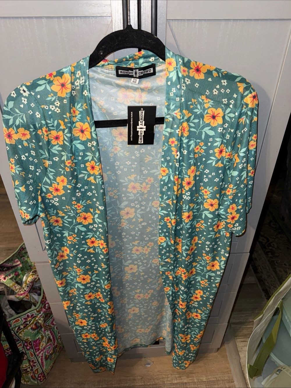 Teal Floral Open-Front Women's Kimono Cardigan - Orange Floral Print - Picture 4 of 5
